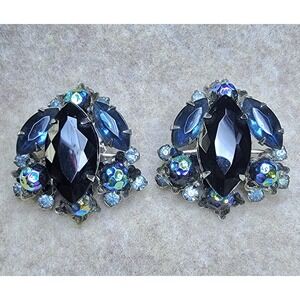 Vintage Judy Lee Blue Navette And AB Art Glass Earrings 1950s